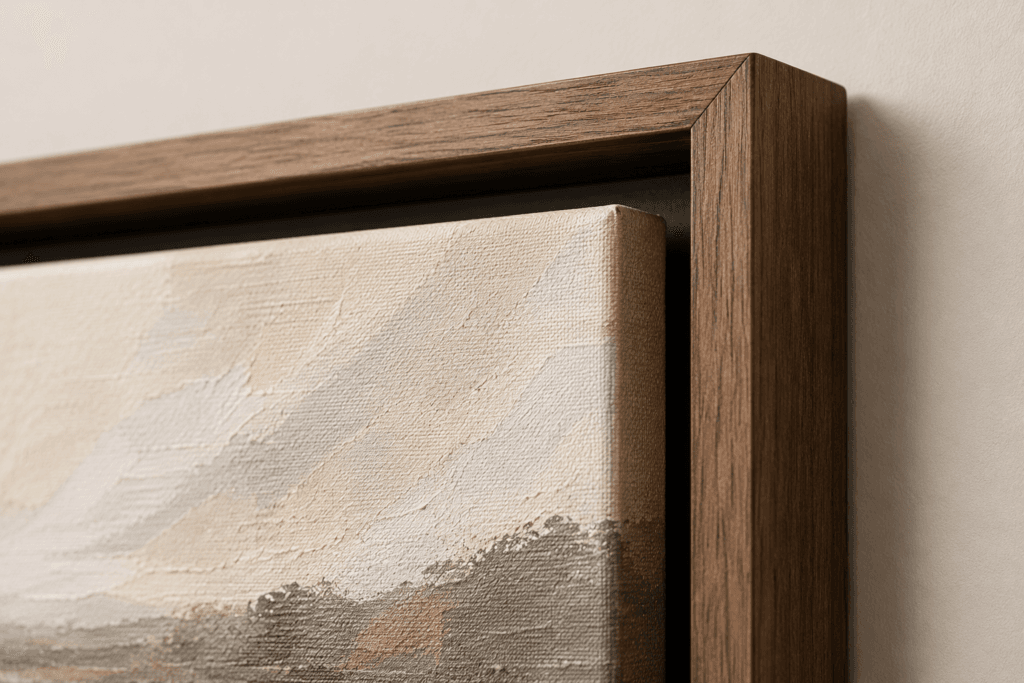 Close-up of a floating canvas frame showing the gap around the artwork